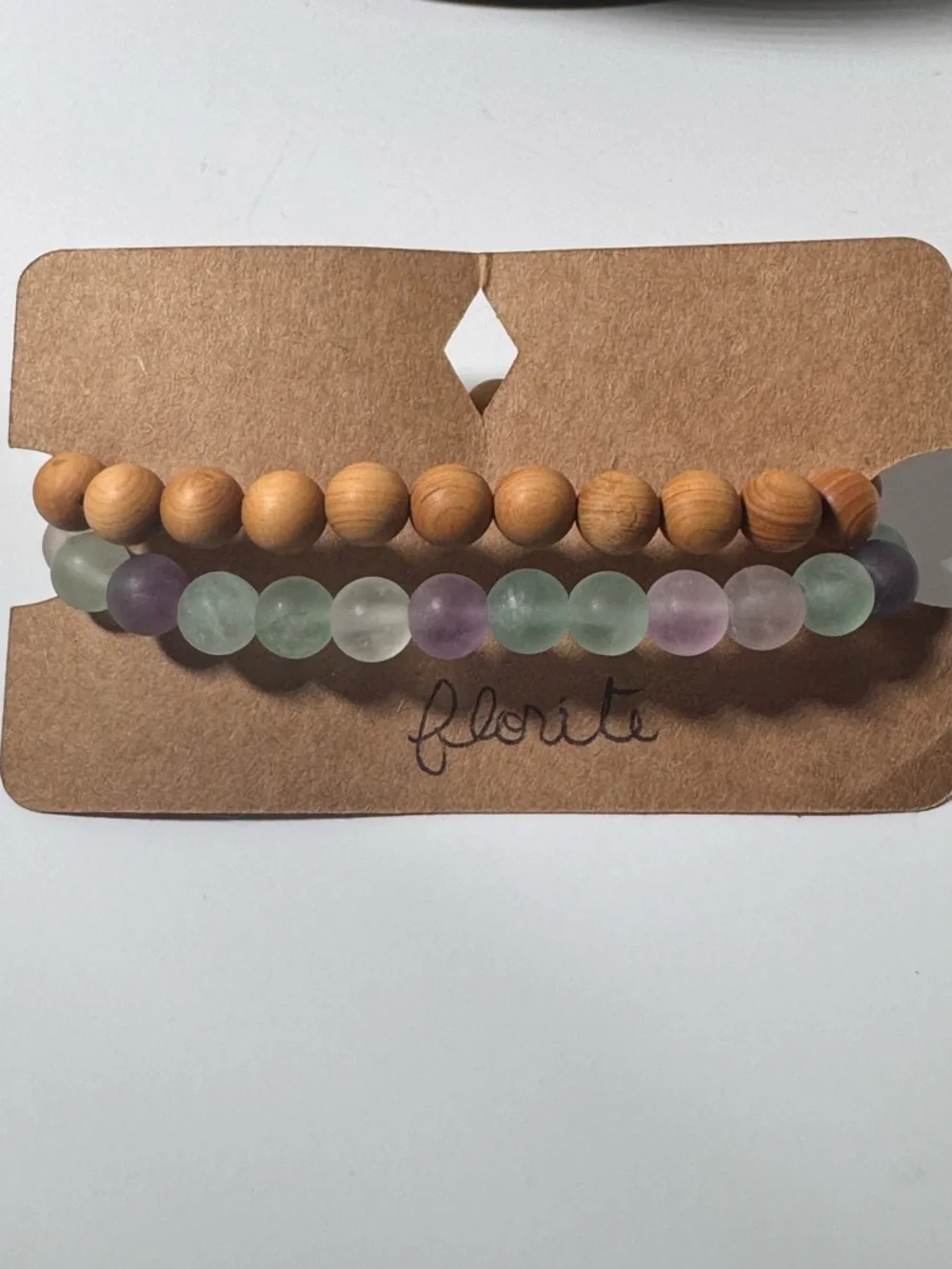 Handmade Heart Charm Beaded Bracelet Set - Green, Purple & Natural Wood - Picture 2 of 2